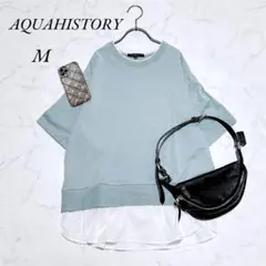 《アクアヒストリー》カットソー/シャツ重ね着風/半袖Tシャツ/くすみ水色/Mのサムネイル