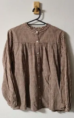 スタジオクリップ　ブラウンチェックギャザー長袖シャツ