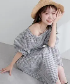 新品！natural couture チェック袖ボリュームワンピース 黒チェック