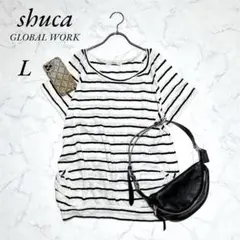 《シュカ》大きめサイズ/半袖Tシャツ/ボーダー柄/クルーネック/白 黒/Lのサムネイル