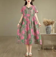 カジュアル ロングワンピース 半袖 夏 マキシワンピース プリント柄 B