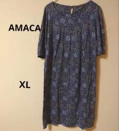 AMACA 青系花柄風 半袖膝丈ワンピース チュニック ゆったりXL
