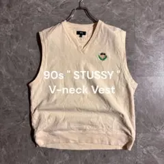 90s OLD STUSSY ステューシー Vネック ベスト 刺繍ロゴ 古着 L