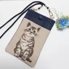 ✡️猫ちゃんベージュポケット付スマホショルダーバッグ~ブルー系デニムハンドメイド