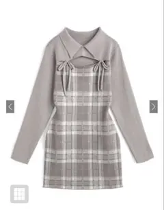 チェック柄フロントオープンリボンニットミニワンピース[ru1373]
