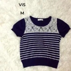 ◇ViS ビス　ニットトップス 半袖 ボーダー レース ネイビー Mのサムネイル