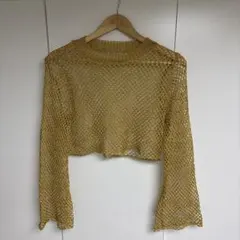 ゴールド メッシュ編み 長袖 クロップドニット