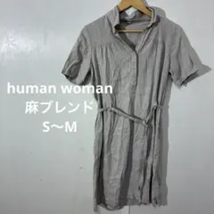 【 3038番】human woman リネン混 半袖 ひざ丈ワンピース Mのサムネイル