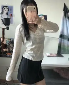 ホワイト ドット柄長袖Tシャツ