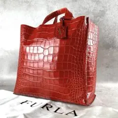 FURLA フルラ クロコダイル型押し レザー トートバッグ レッド A4収納