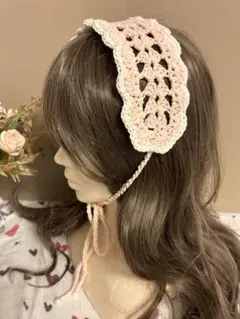 ヘッドドレス　バブーシュカ　ボンネット　ハンドメイド　鍵あみ　ニット