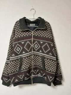 ヴィンテージ　チェック柄　幾何学模様　厚手　ニットジャケット