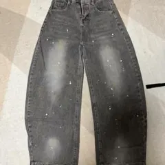 ペイント加工 グレー ワイドデニムパンツ