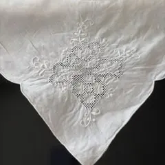 ヴィンテージ ホワイトワークリネン テーブルクロス 手刺繍 ドロン