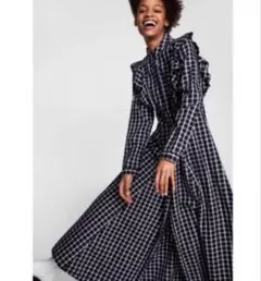ZARA チェック柄ロングシャツワンピース M