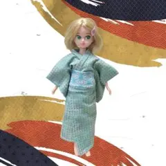 1/6ドール用アウトフィット　浴衣二点セット　緑色×丸柄　水色×麻の葉帯