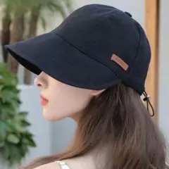 つば広帽子 黒 バケットハット キャップ 夏用日除け UVカット レディース