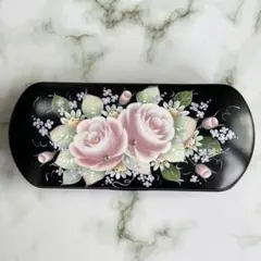 【送料無料】 メガネケース　トールペイント　黒　薔薇