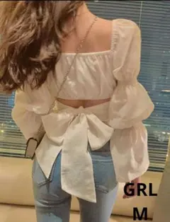 GRL バックリボンギャザースリーブクロップド丈トップス(at1912) M