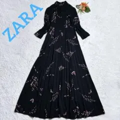 美品/ザラウーマン　桜柄フレアロングシャツワンピース　7分袖　Aライン　黒