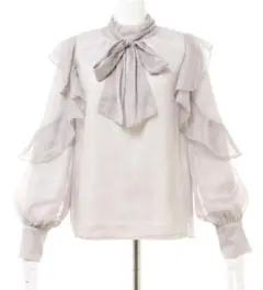 グレー フリル付きボウタイブラウス