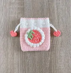 【No.5】かぎ編み、ポーチ、ミニ巾着、巾着袋、ハンドメイド、白とピンクいちご