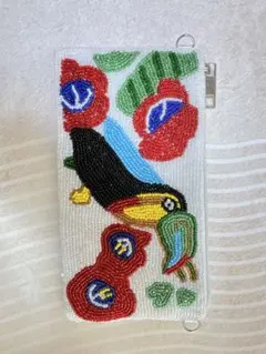 ビーズ刺繍 手提げポーチ｜南国の鳥と花モチーフ｜スマホショルダー対応