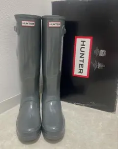 HUNTER グレー ロングブーツ レインブーツ　長靴　バックル付き　25cm