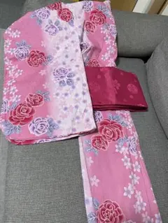 ピンク花柄浴衣120センチ　おまけ帯　女の子夏祭り