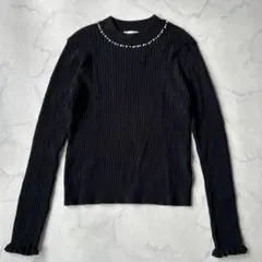 インデックス リブニット 袖フリル パール M 黒 長袖 上品 モノトーン