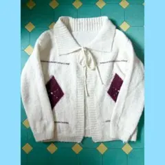 レトロ　襟付き　 古着 ホワイトニットカーディガン ダイヤモンド模様