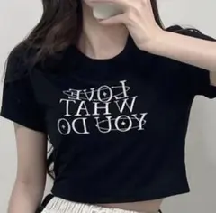 SONA ソニョナラ ラウンドネック配色クロップ Tシャツ 黒 ブラック