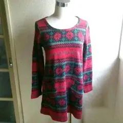 アルシーブ 赤系ノルディック柄 ニットワンピース