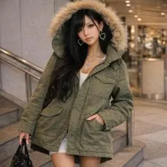 y2k 平成ギャル M-51風 本格ミリタリー ファー付きモッズコート カーキ