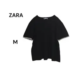 ZARA ザラ 100%コットン 袖クロシェレース Tシャツ 黒 M 美品