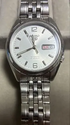 SEIKO 5スポーツ自動巻き時計 ホワイトダイヤル SS 裏蓋スケルトン 