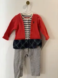赤・グレー チェック柄ロンパース 80 ミキハウス