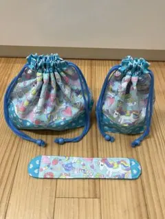 お弁当・コップ袋セット　ゆめかわユニコーン×ラメハートブルー