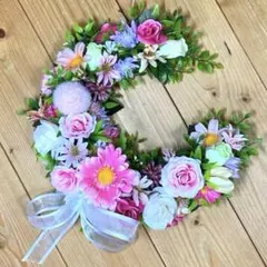 フラワーリース 春爛漫17 咲き誇る花たちの花かご 玄関リース 造花 母