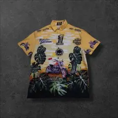 ハーレーダビッドソン古着半袖Tシャツ総柄アロハシャツプリントロゴイエローK48のサムネイル