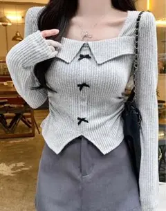 SHEIN レトロアメリカン風 ふんわりリボン襟ロング袖Tシャツ女性用