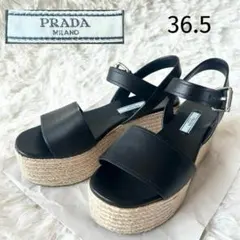 美品✨プラダ 黒 厚底サンダル エスパドリーユ ヒール カーフレザー ストラップ