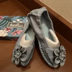 hinrui 水色 花モチーフ フラットシューズ