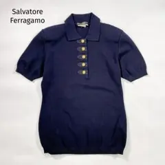 サルバトーレフェラガモ 金ボタン 半袖 コットンニット ネイビー S イタリア製