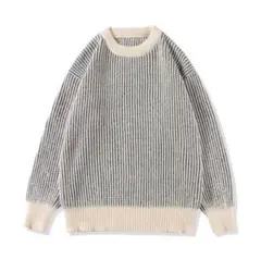 ストライプリブ編みニットセーター メンズ Lサイズ グレー アイボリー