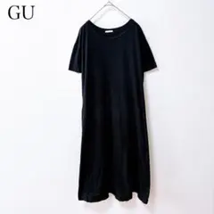 ジーユー コットンTシャツワンピース ゆったり ロング丈 黒 (XL) 半袖