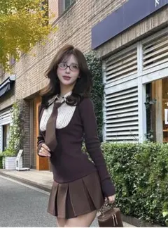 値下げ交渉〇 ダーリッチ シャツドッキングニットミニワンピース FL ブラウン