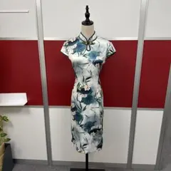 青と白の花柄チャイナドレスL-XL
