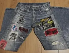 RNA ダメージ加工 ジーンズ ワッペン パンク ロック スカル デニムパンツ