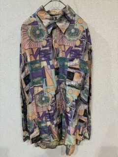 総柄シャツ 長袖 レトロ 幾何学模様 マルチカラー メンズ　シルク　100%